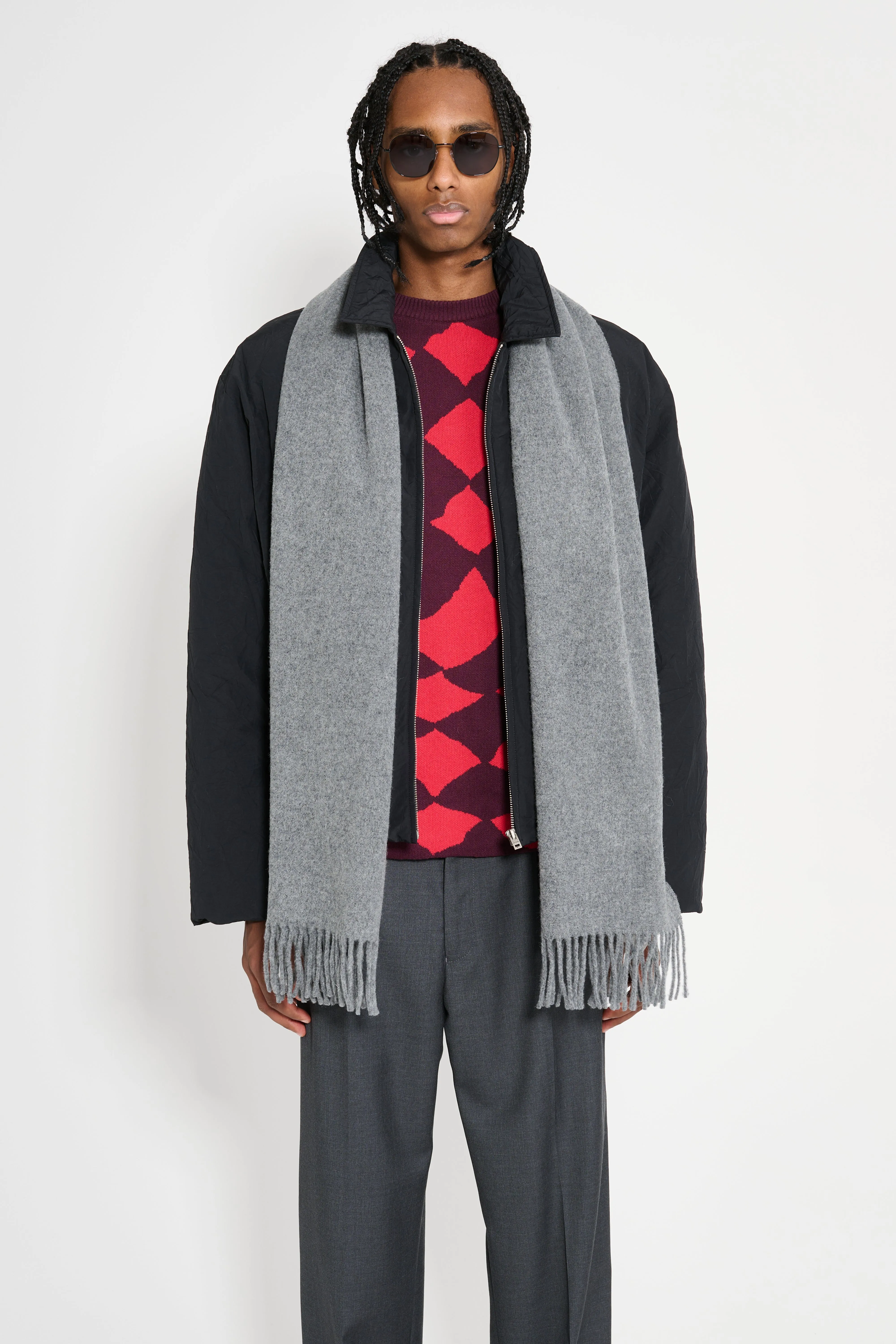 Acne Studios Fringe Wool Scarf Narrow Grey Melange