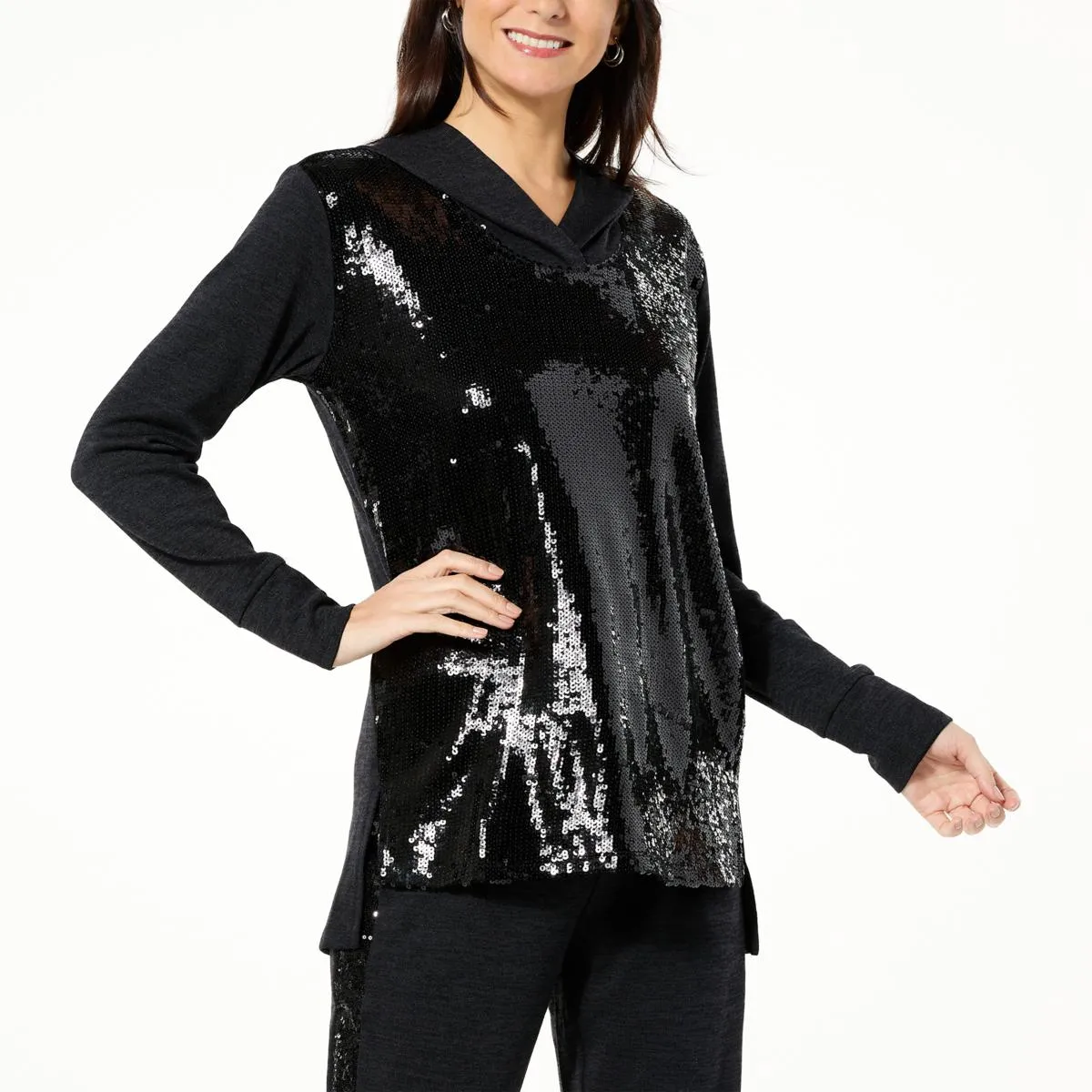      Colleen Lopez Mixed Media Sequin Front Hoodie     