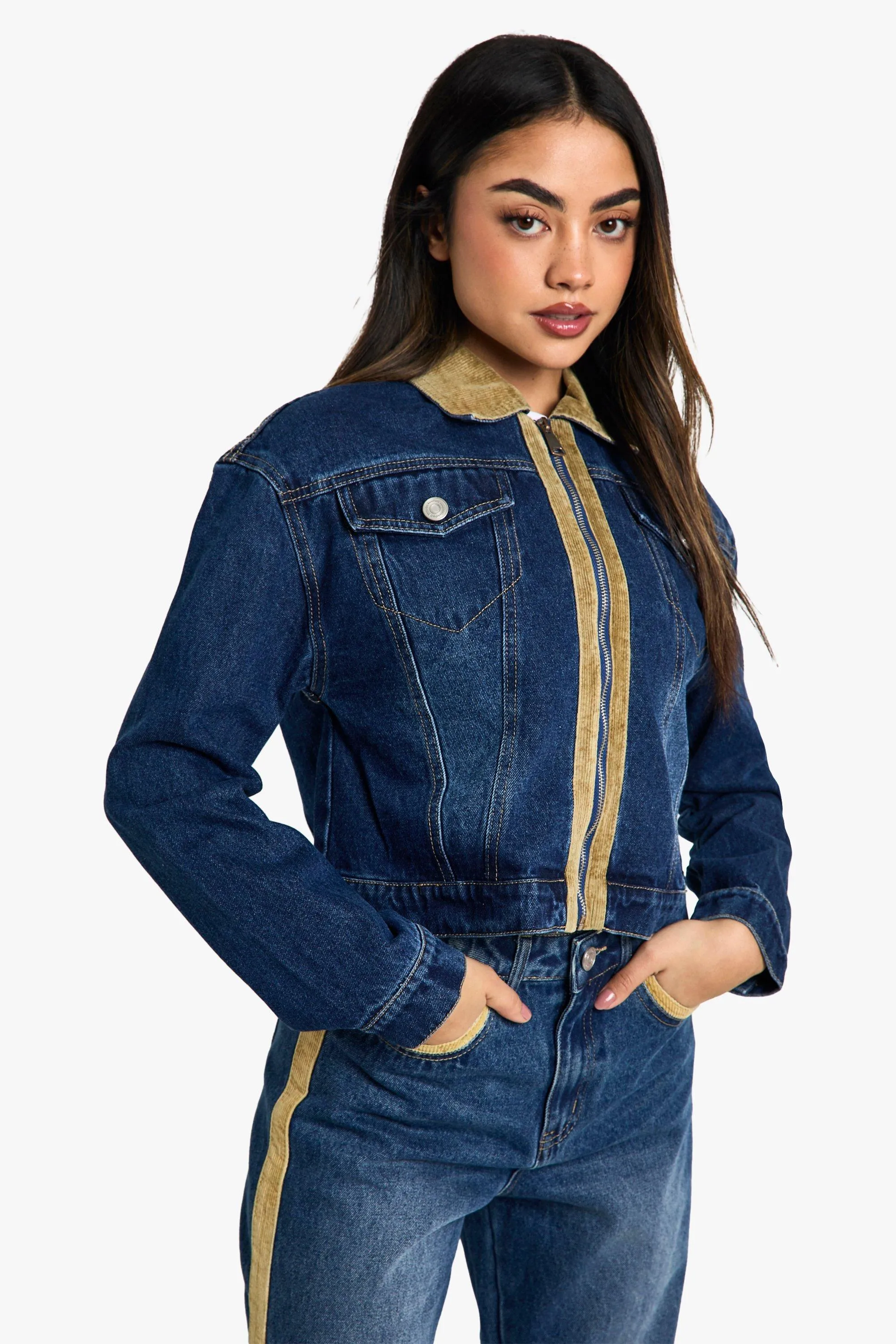 Cord Trim Detail Fitted Denim Jacket