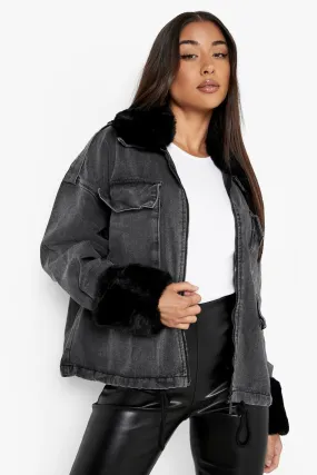 Detachable Faux Fur Trim Denim Jacket