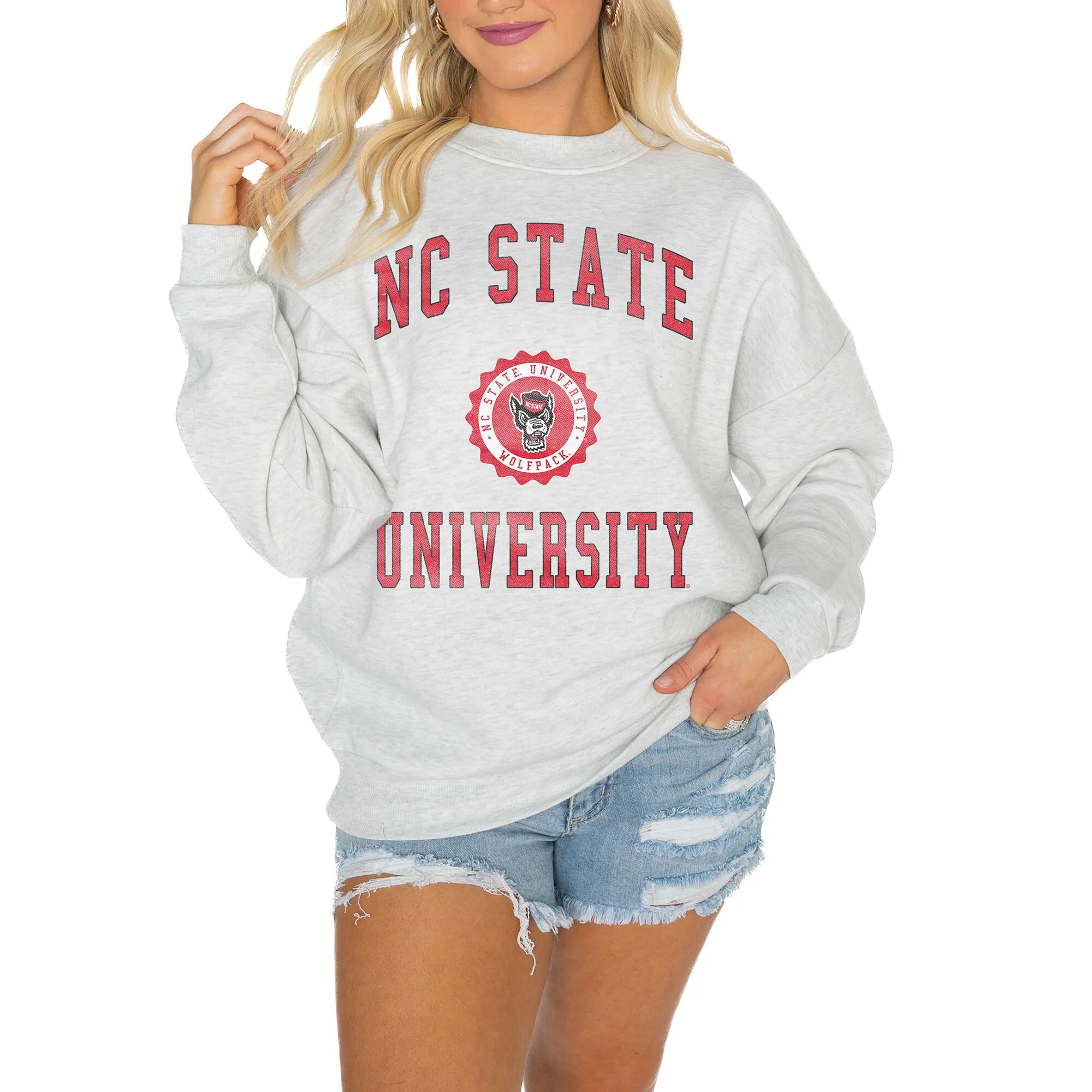 Gameday Couture NC State Wolfpack Women's Steel Good Vibes Premium Fleece Drop Shoulder Pullover Sweatshirt