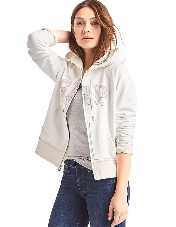 GAP Women White Lurex Logo Zip Hoodie