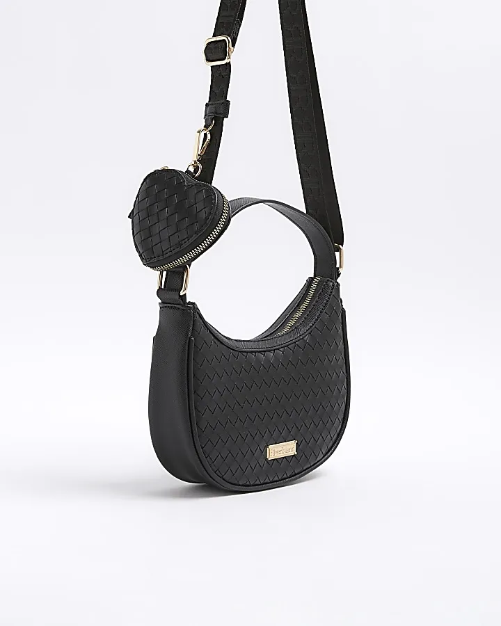 Girls black woven shoulder bag