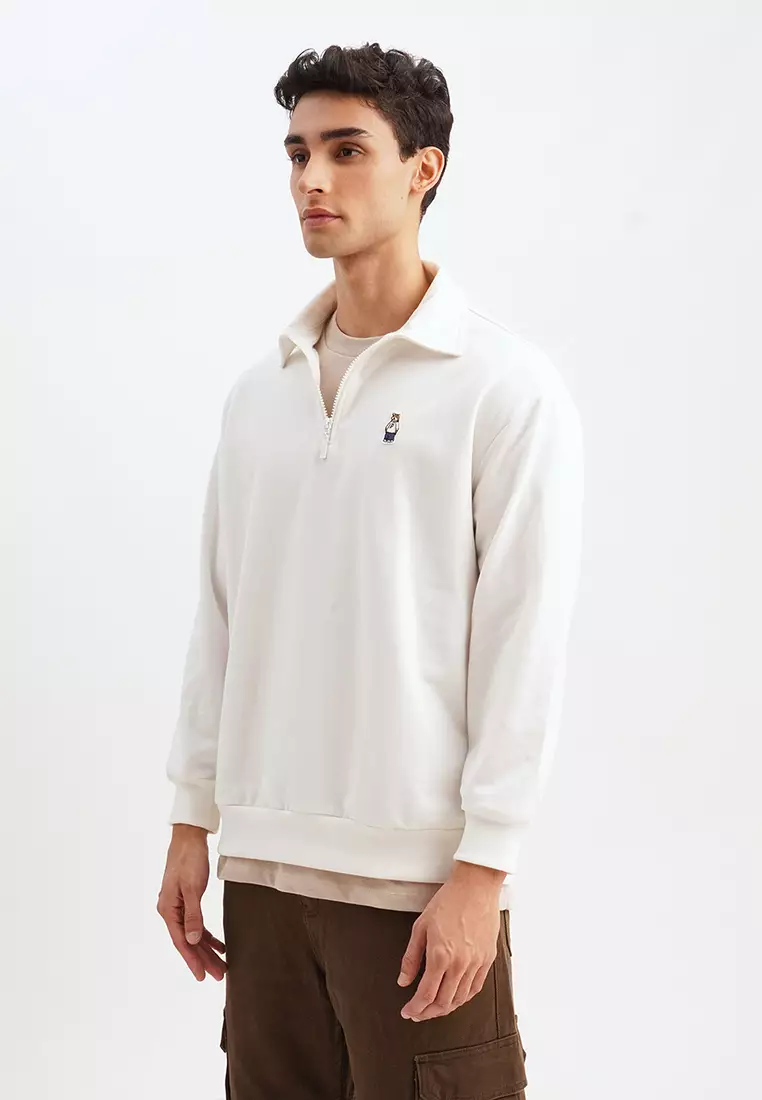 Penshoppe Relaxed Fit Half-Zip Pullover With Embroidered Patch