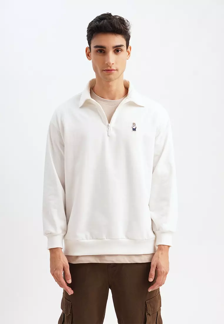 Penshoppe Relaxed Fit Half-Zip Pullover With Embroidered Patch