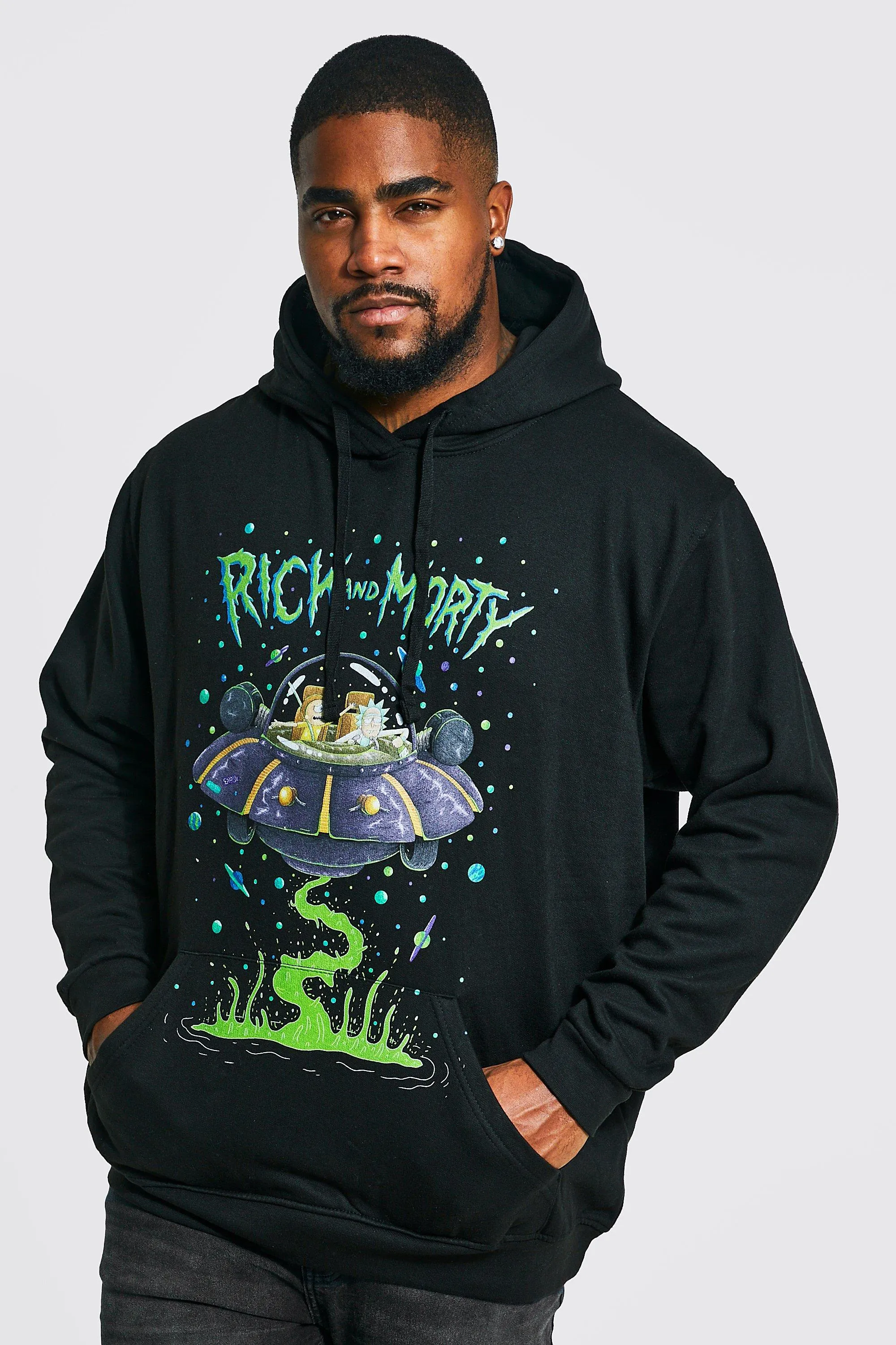 Plus Rick And Morty License Hoodie | boohooMAN UK