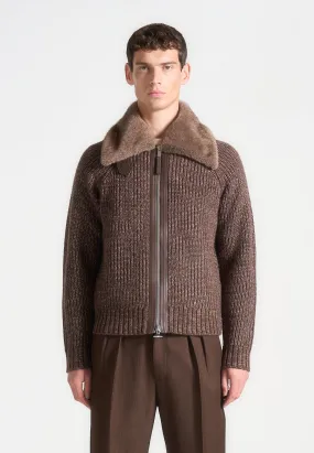 Plush Collar Wool Knit Jacket - Brown