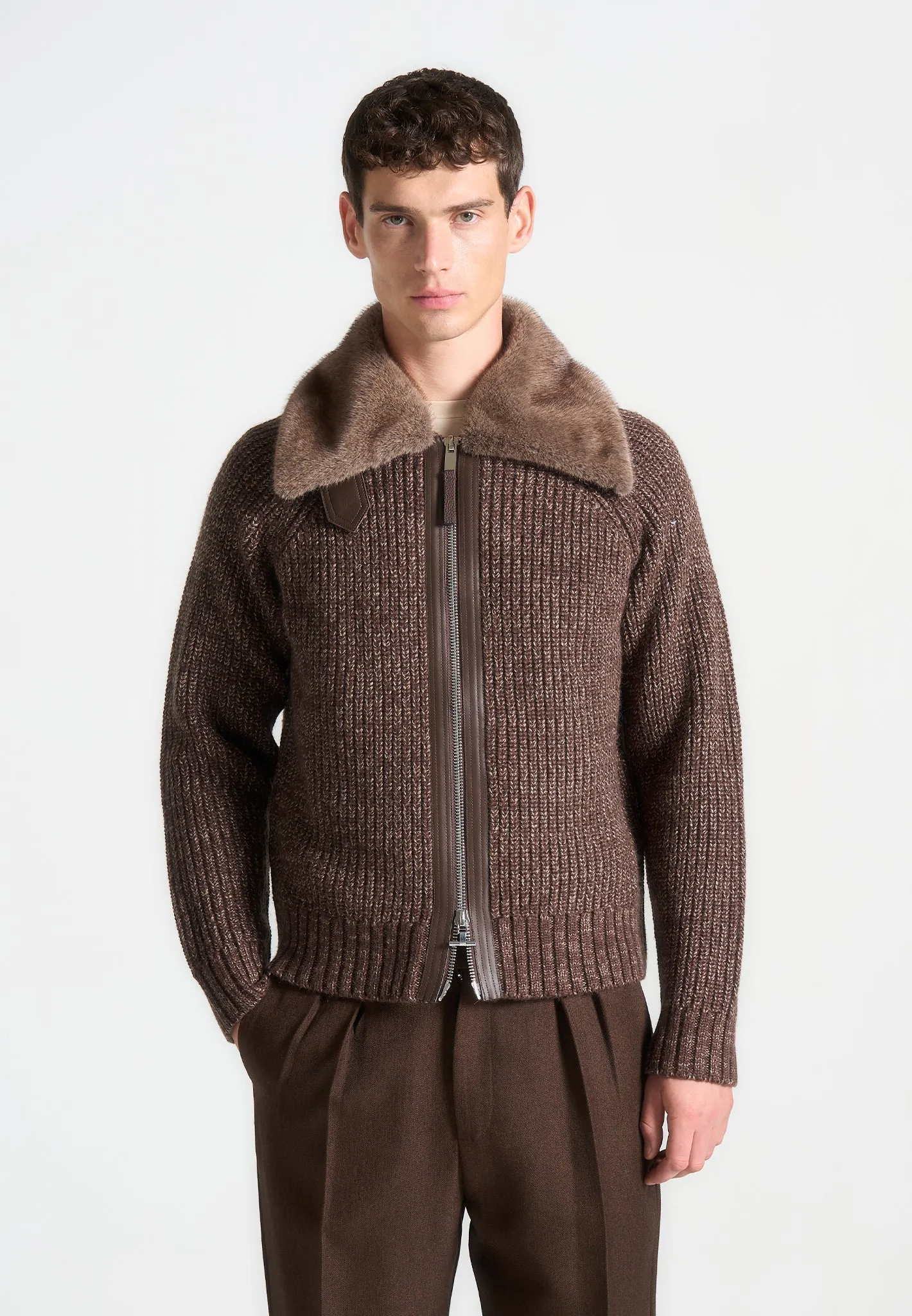 Plush Collar Wool Knit Jacket - Brown