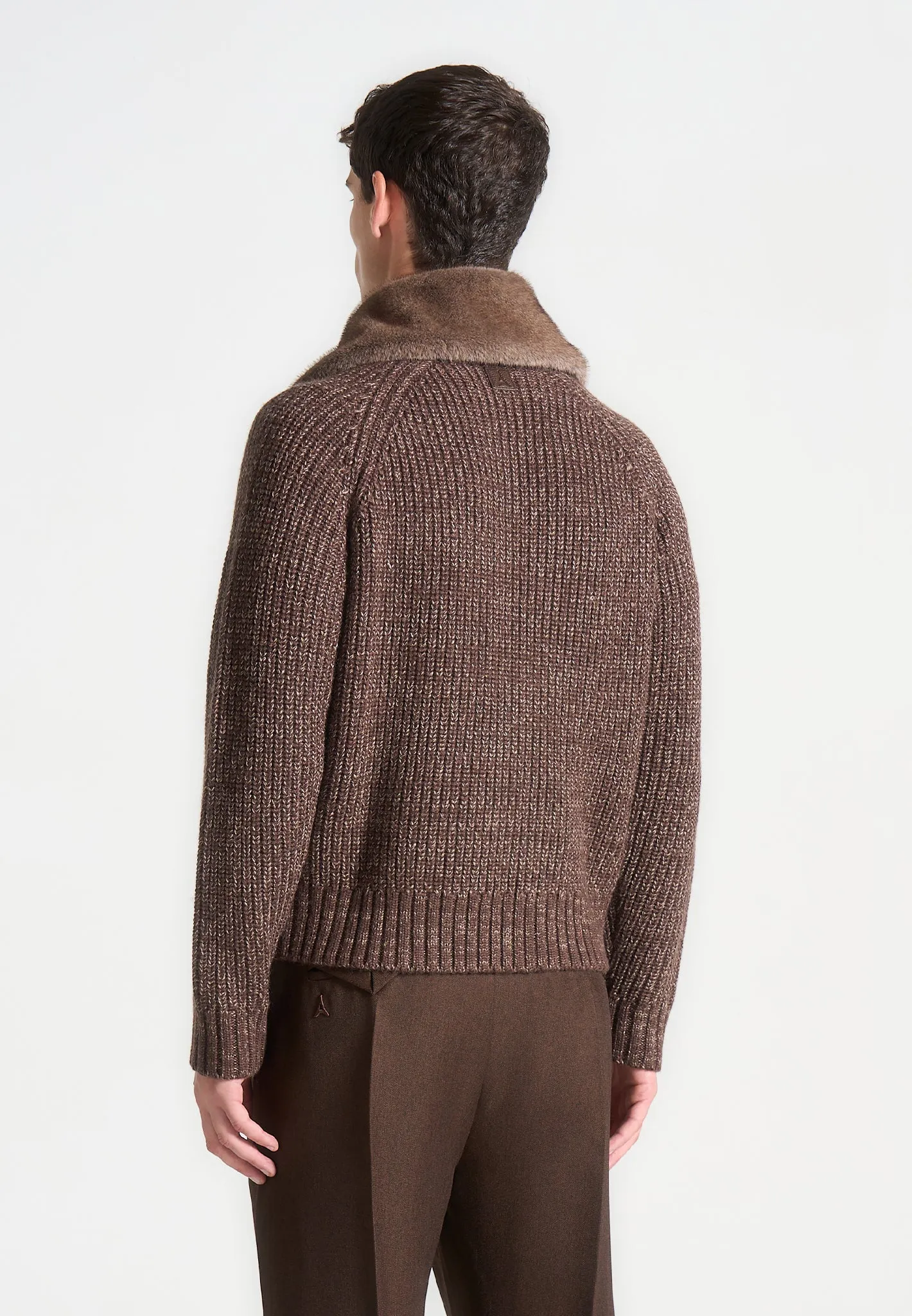 Plush Collar Wool Knit Jacket - Brown