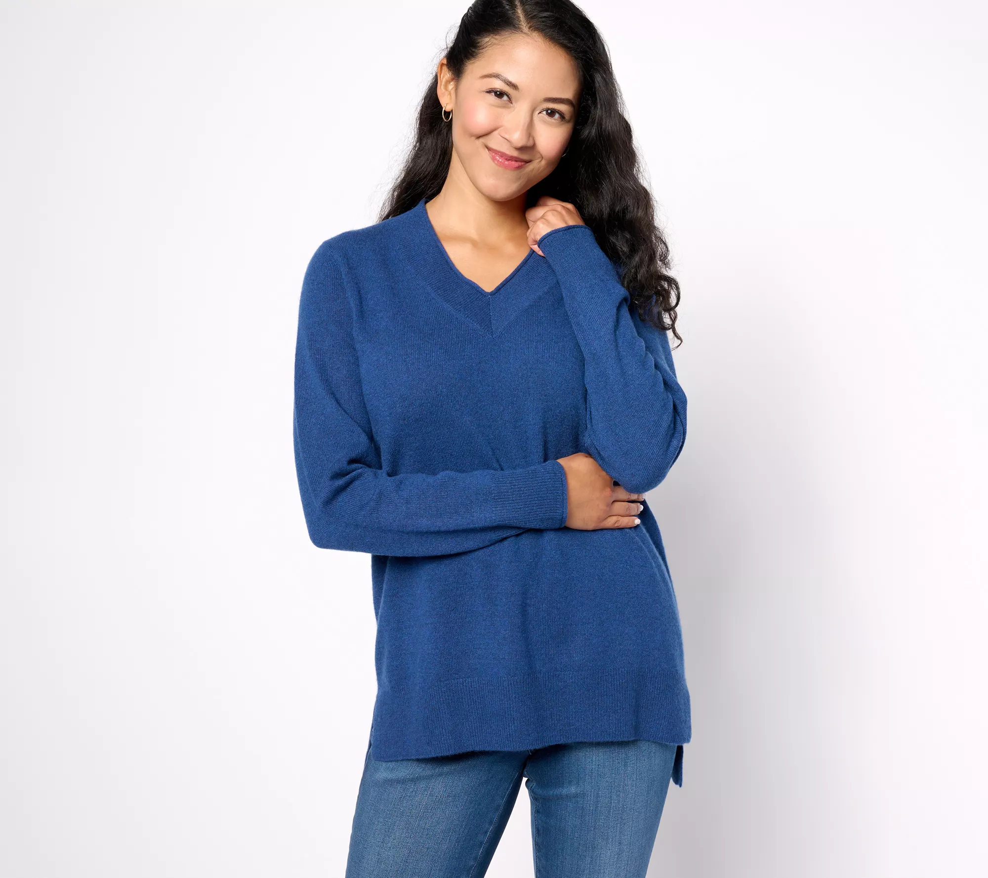 Pure Splendor Cashmere V-Neck Long Sleeve Tunic Pullover