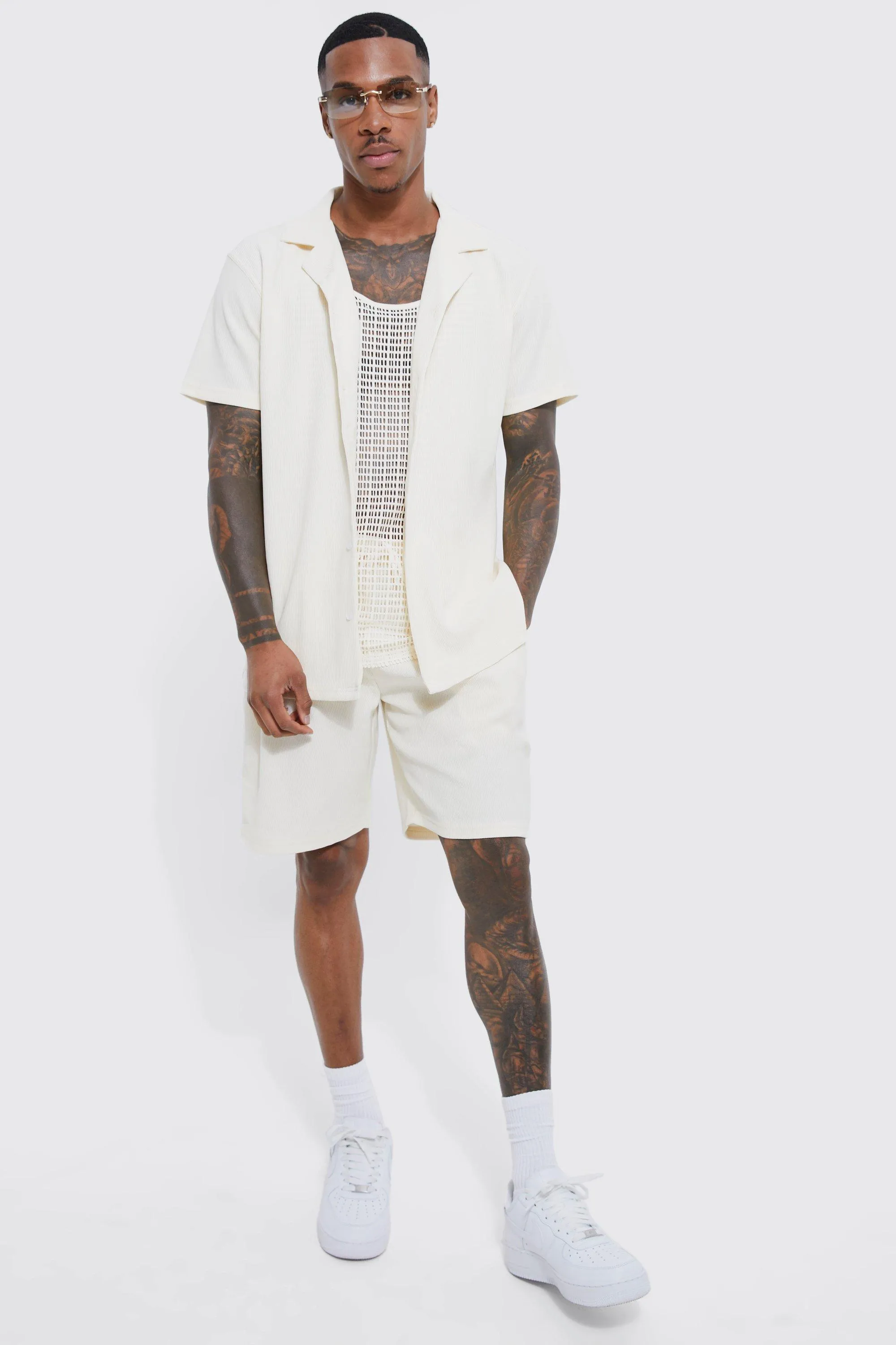 Short Sleeve Rib Shirt And Short Set | boohooMAN UK