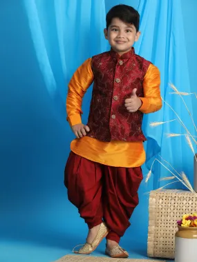 Vastramay Boy's Maroon Embroidered Nehru Jacket With Orange Kurta And Maroon Dhoti Set