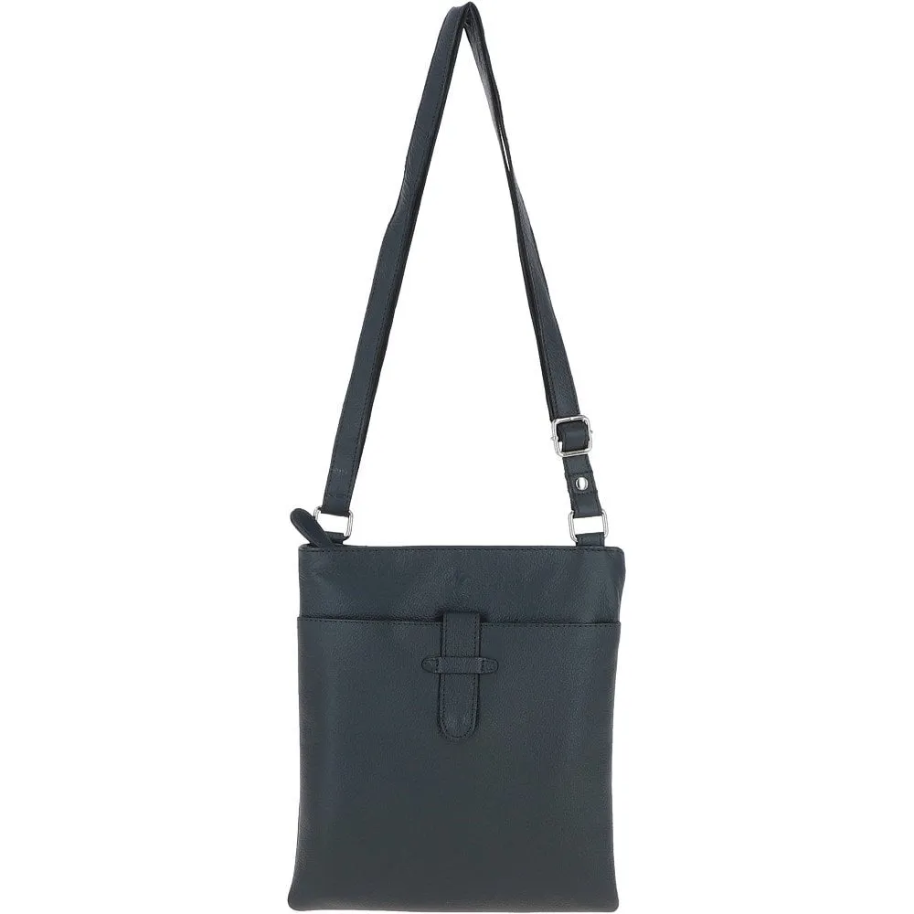 Zip Top Leather Cross Body Bag Navy:  Ela 1498