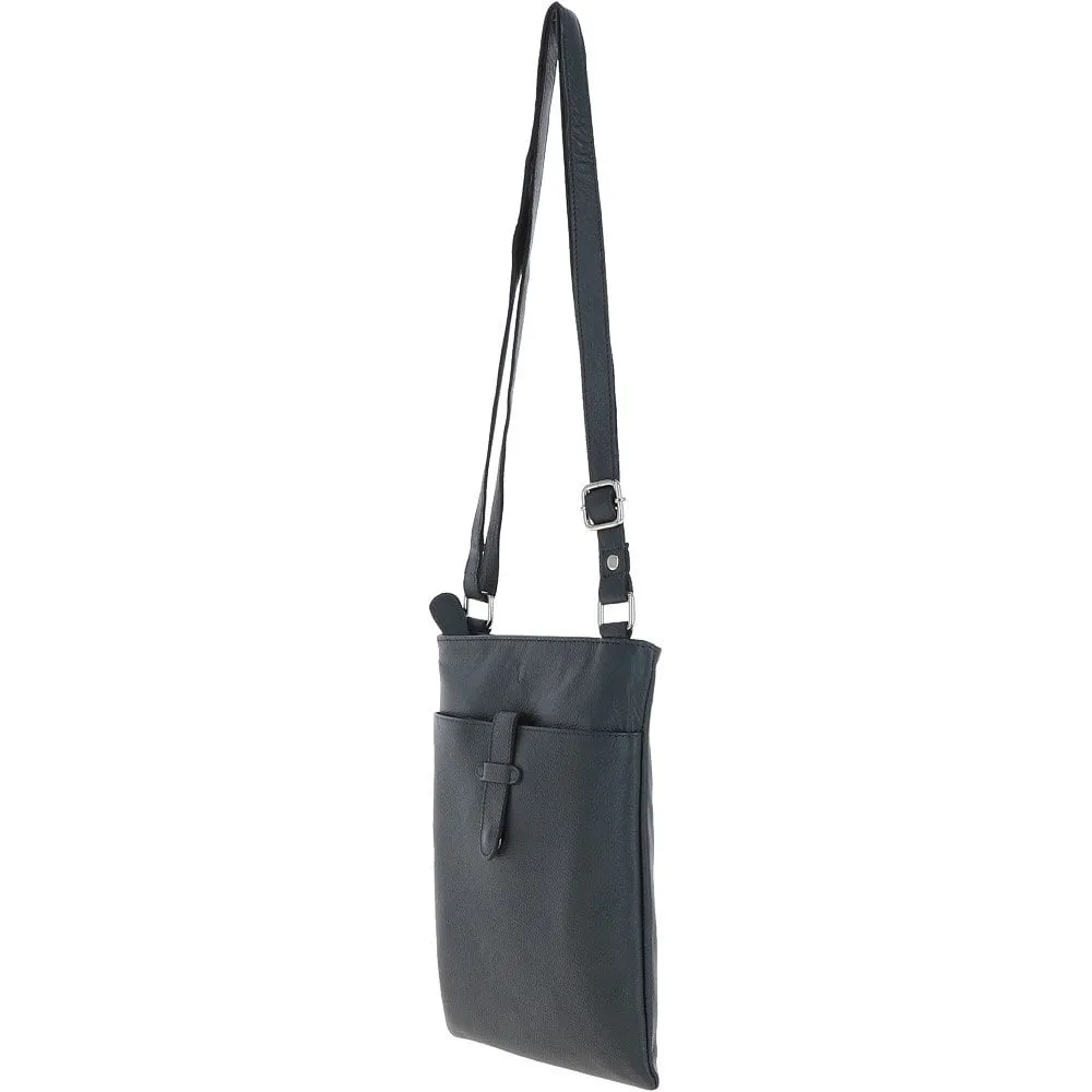 Zip Top Leather Cross Body Bag Navy:  Ela 1498